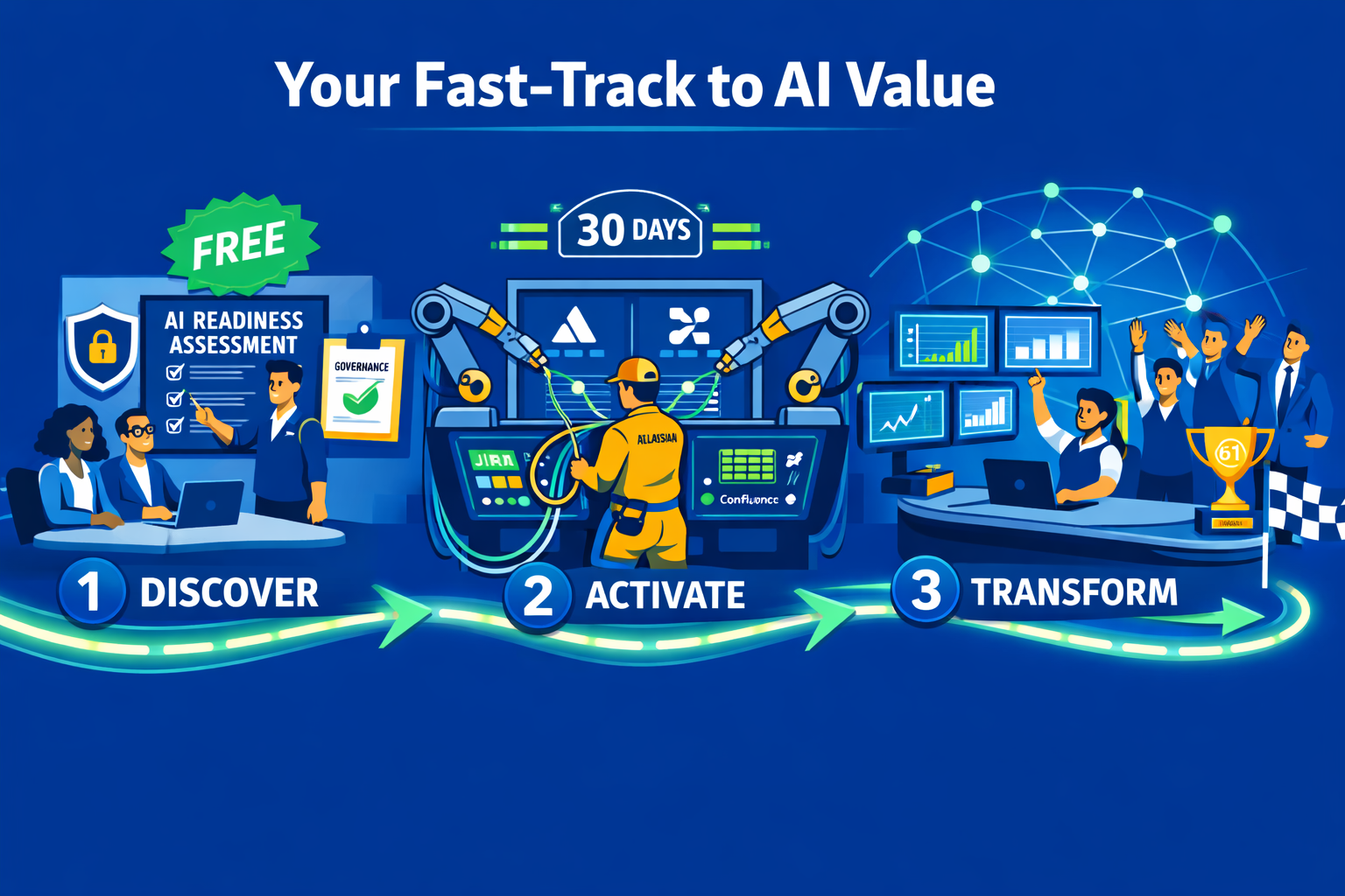 A wideformat bold blue background flat vector illustration showing a threestage racing pit lane journey from left to right connected by a glowing trac-3