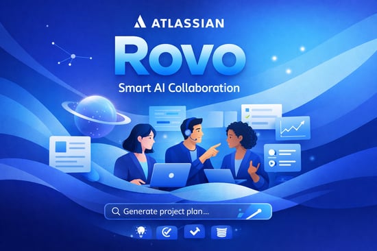 Atlassian Rovo Smart AI CollaborationPlease use Atlassian and DEsign industries Brand style No robots images and use atlassian rovo blue n design-1
