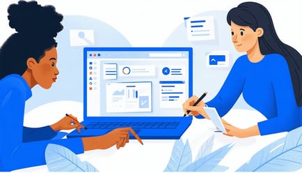Illustration of a team collaborating around a laptop with Atlassian tools displayed